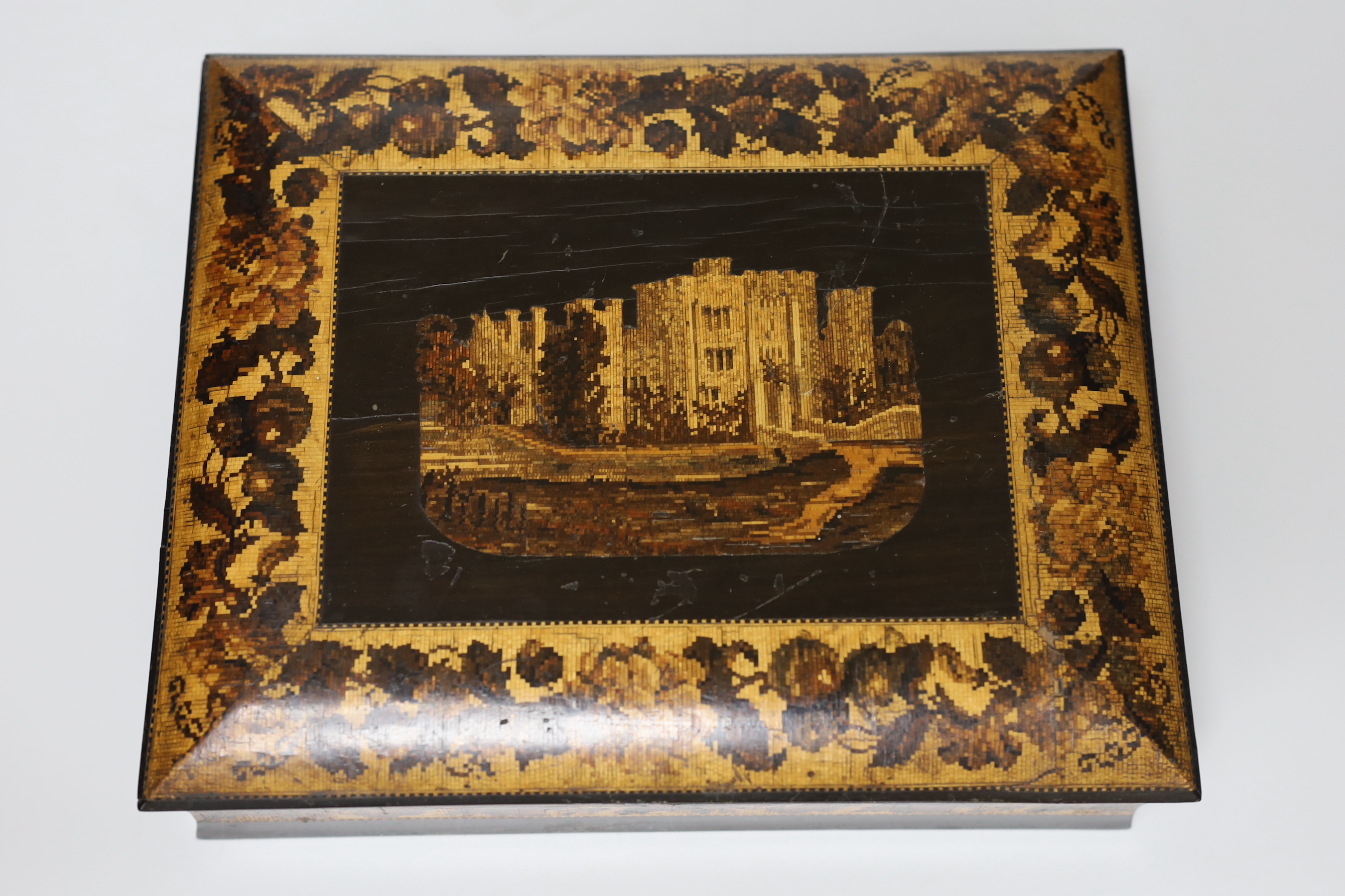 A Victorian Tunbridge Ware ebony 'Hever Castle' sewing box, 27cm wide